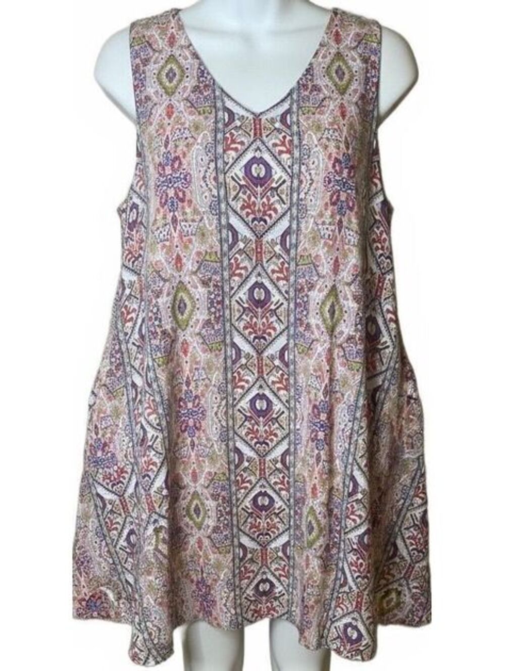 Rachel Zoe 100% Linen XL Boho Sleeveless Trapeze Dress Pockets Multicolor